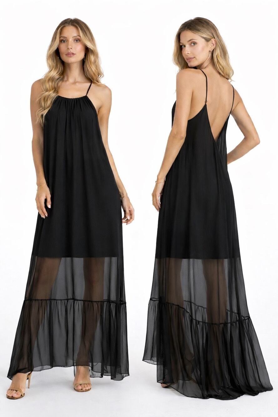 Scandal Italy Black Sheer Silk Blend Maxi Resort Dress made in Italy OS medium